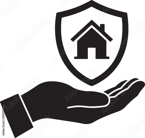 A hand holding a shield with a house icon inside, symbolizing protection and security for home and property, a simple graphic illustration representing safety and care