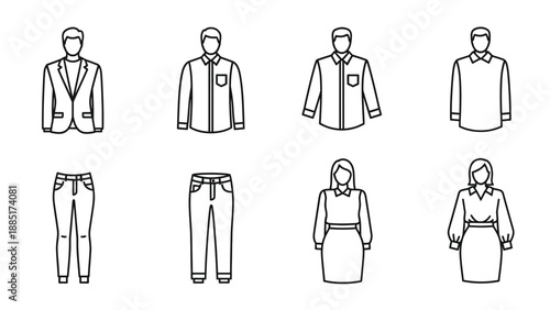 Collection of simple black and white outline icons depicting various professional and casual clothing items for men and women suitable for business or everyday wear graphics