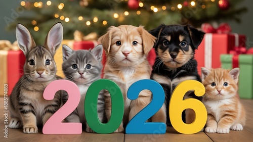 Cute Pets Celebrate 2026 New Year Festive Background with Colorful Numbers and Holiday Decor