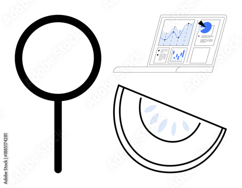 Data analysis, technology trends, business analytics, digital marketing, statistical reports, market research. A laptop with graphs, a magnifying glass and a semicircle. Data analysis and technology