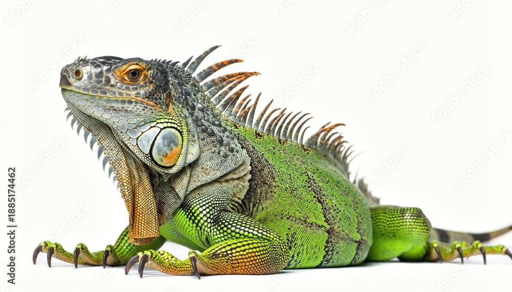 Fototapeta premium Vibrant Green Iguana on Pristine White Background