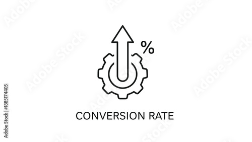 Line icon illustration depicting a gear mechanism with an upward curving arrow and a percentage symbol signifying conversion rate optimization and business growth strategy.