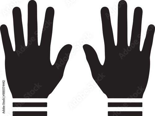 Two black gloves with fingers spread apart and palms facing forward, isolated on a plain background, viewed from the front, showcasing the glove design and details.
