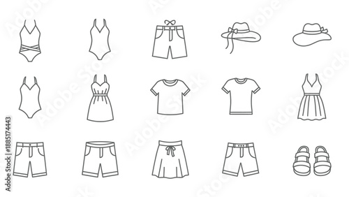 Collection of simple outline icons representing various summer wardrobe essentials including swimsuits dresses t-shirts shorts hats and sandals perfect for beach trips