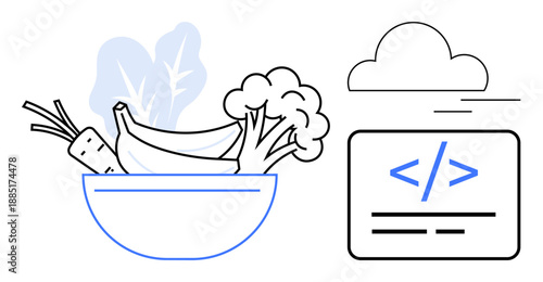 Digital transformation, sustainable eating, coding, online services, nutrition, future food systems. Bowl of vegetables and fruits beside a coding icon with cloud. Digital transformation