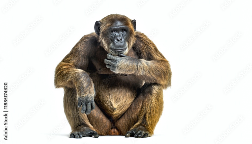 Fototapeta premium Contemplative Chimpanzee Sitting on White Background