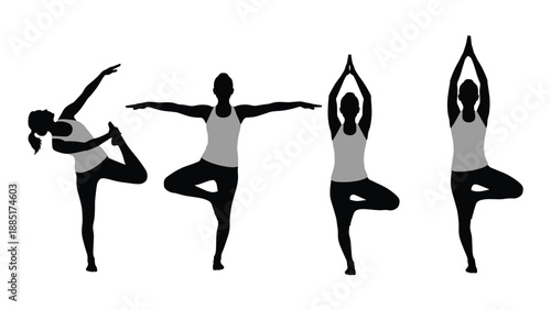 Black silhouettes of women practicing yoga tree poses and balance exercises isolated on a white background for wellness and fitness graphic design