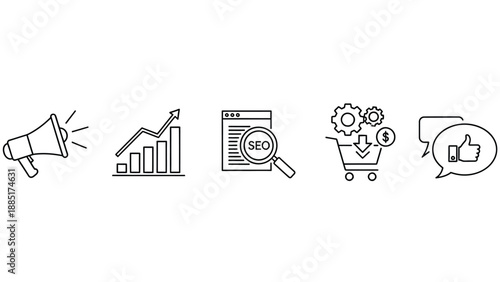 Essential black and white outline icons representing key digital marketing concepts like promotion analytics seo conversion and customer satisfaction