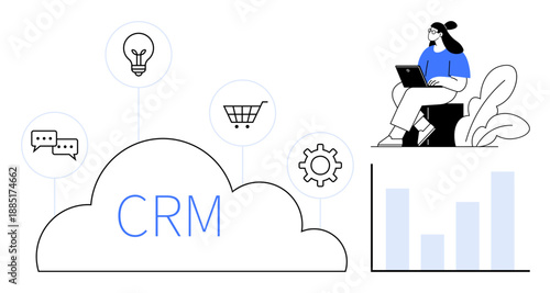 CRM software concept. CRM visualizes customer relationships and data management for business growth. CRM enhances communication and analytics for marketing, sales tools, and strategies