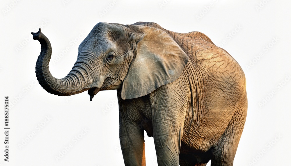 Fototapeta premium Majestic African Elephant Profile with Raised Trunk on White Background