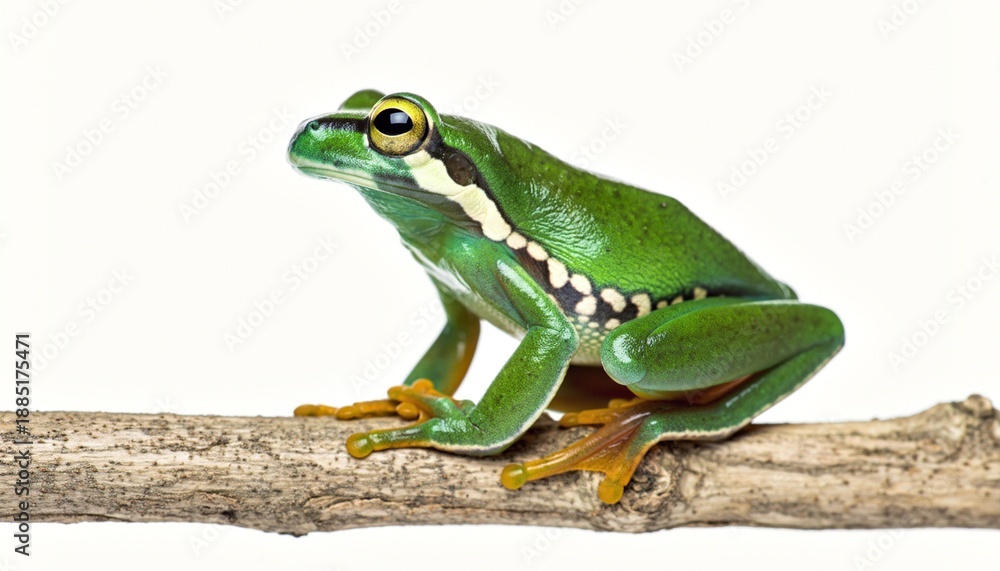 Obraz premium Vibrant Green Tree Frog Perched on Branch with Yellow Eyes