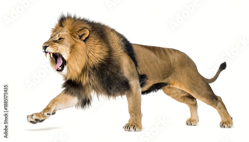 Foto Powerful Male Lion Roaring and Stalking on White Background