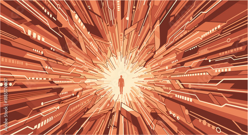 A solitary human figure stands illuminated at the end of a long, bright, and complex digital tunnel, representing a journey into the future or a technological breakthrough.