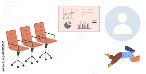 Business strategy, workplace design, data visualization, teamwork, corporate organization, dynamic roles. Three office chairs, a data chart an avatar and an active individual. Business strategy