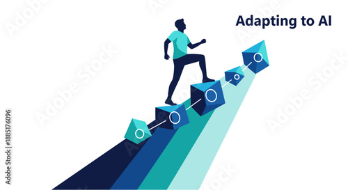 Dynamic illustration of a person ascending a staircase of interconnected digital blocks, symbolizing progress and adaptation in the evolving AI landscape.