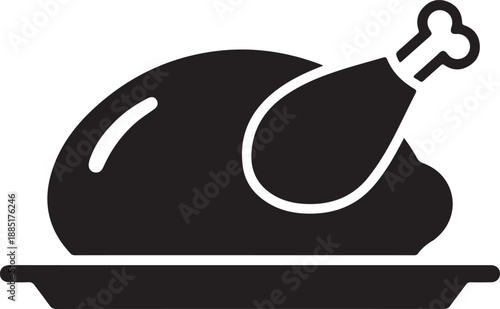 A simple black and white graphic illustration of a roasted turkey leg on a serving platter viewed from the side on a plain background