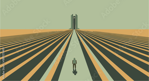 A solitary figure stands on a long, patterned road leading towards a towering, monolithic structure under a muted sky, symbolizing a journey or quest.