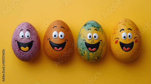Colorful decorated eggs with faces arranged on a yellow background during a spring celebration