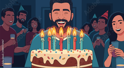 Happy bearded man blowing candles on birthday cake at party with friends