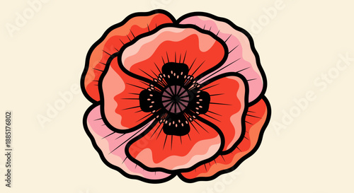 A striking, vibrant red poppy flower illustration with delicate black details, symbolizing remembrance and beauty
