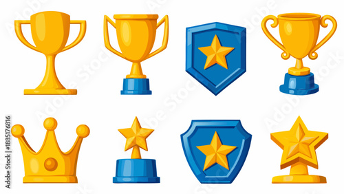 A set of colorful vector icons representing awards and achievements, including trophies, stars, and shields.