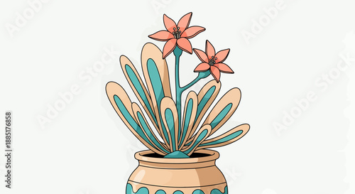Vibrant potted flower illustration with delicate coral blossoms and elegant teal foliage, a charming botanical design perfect for modern creative projects