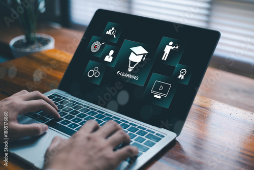 E-learning concept with laptop screen showing online education icons, digital training, business learning, skill development and knowledge growth, modern workspace and technology background.