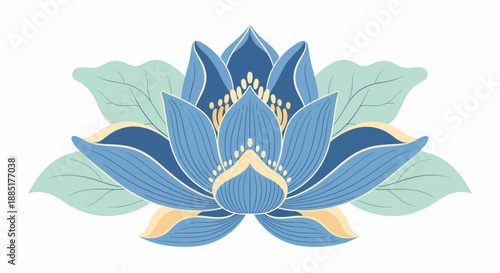 Elegant blue lotus flower illustration with green leaves, symbolizing purity, peace, and natural beauty in a serene and harmonious vector design