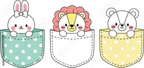 Cute Kawaii Animal Pocket Vector Set Featuring Baby Bunny Lion and Bear Peeking Out of Polka Dot Pockets for Kids T-Shirt Designs and Nursery Stickers
