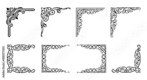 A diverse collection of elegant, ornate corner design elements and decorative frames, perfect for enhancing various graphic projects with a classic, sophisticated touch.