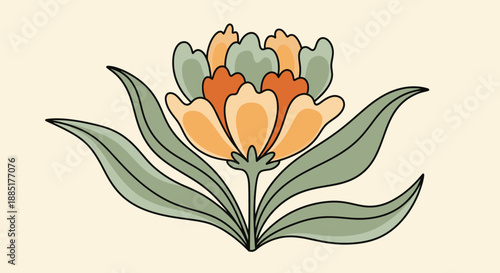 Art Nouveau stylized flower illustration with warm orange and green tones and a creamy background, elegant floral design
