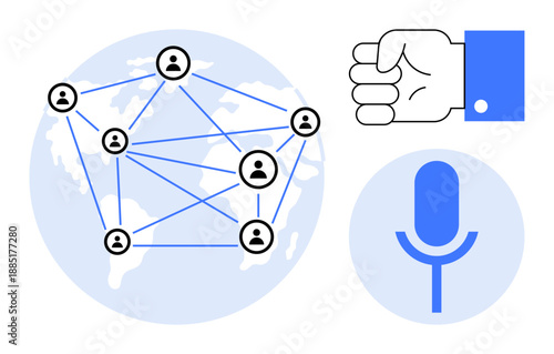 Networking, social media, communication, collaboration, voice recognition, global interaction. Connected dots around the world, microphone icon and a raised hand graphic. Social media