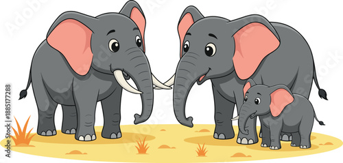 Cute Elephant Family Vector Illustration with Mother Father and Baby Calf in African Savannah for Nursery Wall Art Kids Rooms and Safari Theme Decor