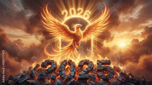 Digital illustration of a phoenix rising from flames with the years 2025 and 2026 in a dramatic sky with clouds and sunlight.