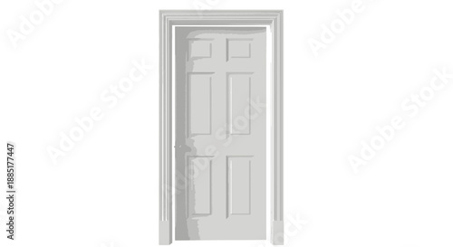 Classic six panel interior door painted bright white surrounded by detailed decorative molding standing closed against a stark background.