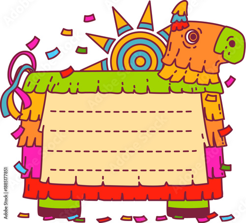 Mexican donkey pinata kids memo note frame. Schedule vector Latin American label, kids scrapbook Mexican memo note. Day planner Hispanic culture frame with colorful confetti, sun and animal pinata