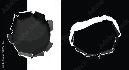 Two torn paper holes reveal stark contrasting black and white backgrounds symbolizing division contrast or hidden layers in design