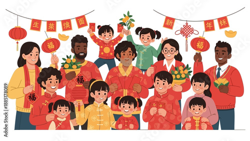 Illustration of diverse people celebrating Chinese New Year with a dragon character and red lanterns in a festive atmosphere.