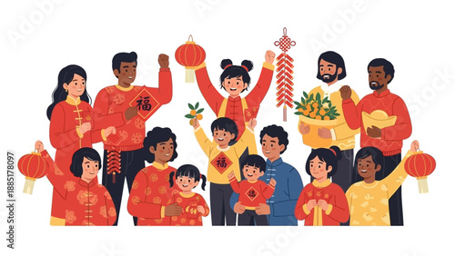 Illustration of diverse people celebrating Chinese New Year with traditional lanterns and dragon decorations in red and yellow attire against a clean white background.