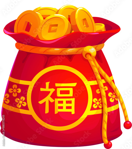 Chinese lucky money bag filled with golden coins. Symbol of wealth for CNY celebration. Red vector festive Lunar New Year pouch decorated with hieroglyph character, meaning good fortune and prosperity
