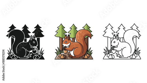Set of three squirrel illustrations eating nuts in a forest setting in black silhouette, color, and outline styles