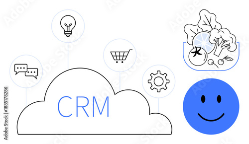 CRM concept. CRM ed with cloud computing icons thumbs up shopping cart, communication bubbles, and a happy face. Ideal for management, retail, commerce, data processing ideas