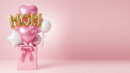 Pink and gold valentine's day or mother's day gift box with balloons