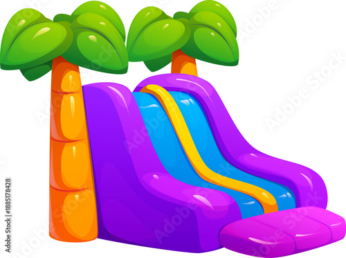 Amusement park trampoline, bouncy house or inflatable slide with purple sides and blue lanes. Child playground isolated vector inflatable slide. Kids amusement park bouncy trampoline with palm trees