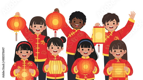 Illustration of diverse group of children in traditional Chinese attire celebrating Chinese New Year with lanterns and dragon character.