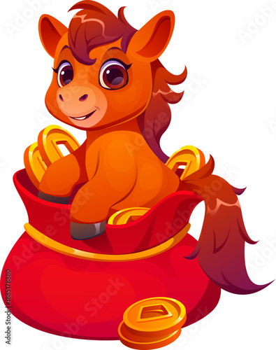 Cartoon horse foal sitting inside red lucky money bag filled with gold coins. Chinese Lunar New Year zodiac animal character symbolizing fortune, prosperity and wealth. Vector cute horoscope symbol