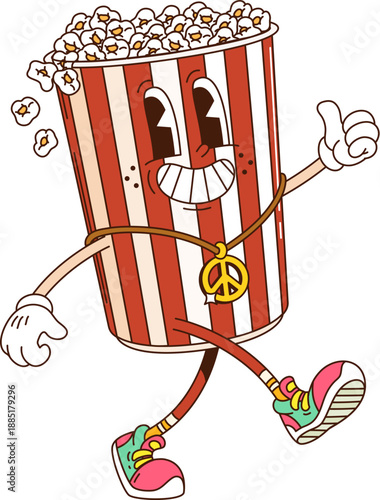 Popcorn bucket groovy funky character with thumb up and happy face, cartoon vector. Funny popcorn bucket walking in hipster shoes with hippie peace sign for movie or cinema pop corn groovy character