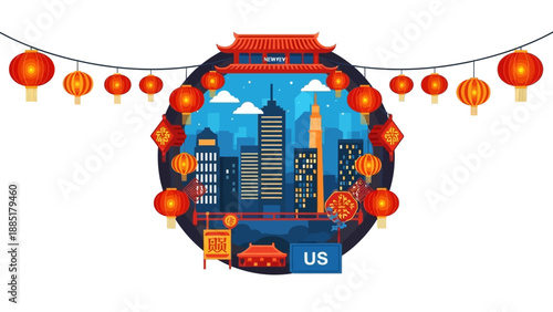 Illustration of a dragon dance performance with red lanterns and a cityscape in the background, celebrating Chinese New Year in the United States with a vibrant and festive mood.