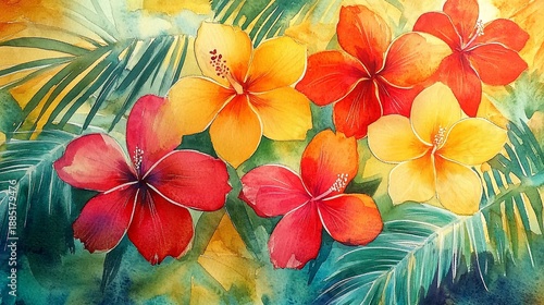 Watercolor Hibiscus Flowers Tropical Paradise Print