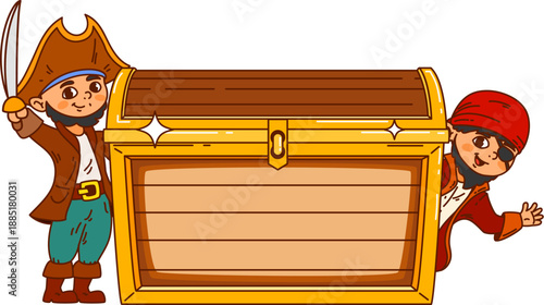 Pirate and corsair treasure kids memo note frame. Diary page vector treasure hunt sticker, planner kids memo note. Schedule piracy label with pirate boys sailors funny characters and treasure chest